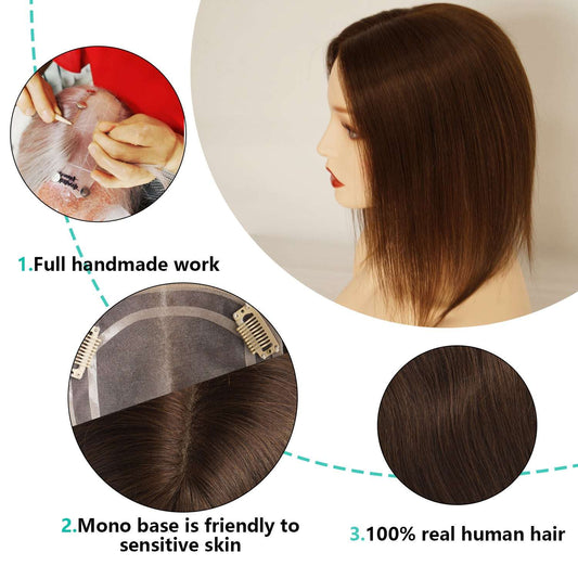 5"x6" Mono Base Virgin Human Hair Topper 100% Full Hand tied