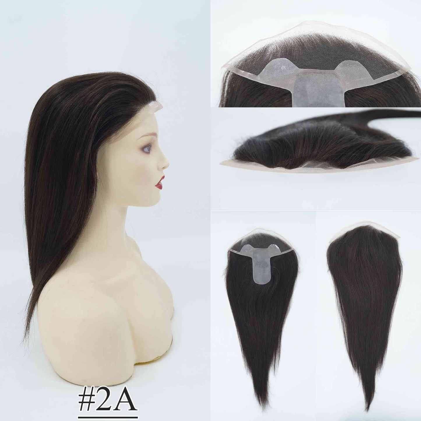 4.75x2 inch PU Base with 2x8 inch Swiss Lace Frontal Mini Size Remy Human Hair Topper Full Hand Tied 150% Density - Brilliantwigs