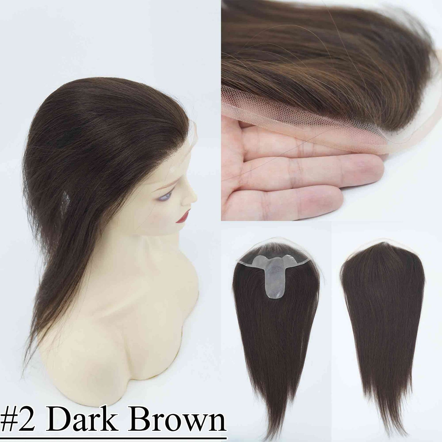 4.75x2 inch PU Base with 2x8 inch Swiss Lace Frontal Mini Size Remy Human Hair Topper Full Hand Tied 150% Density - Brilliantwigs
