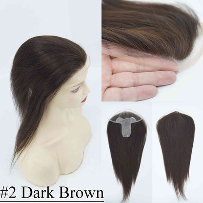 4.75x2 inch PU Base with 2x8 inch Swiss Lace Frontal Mini Size Remy Human Hair Topper Full Hand Tied 150% Density - Brilliantwigs