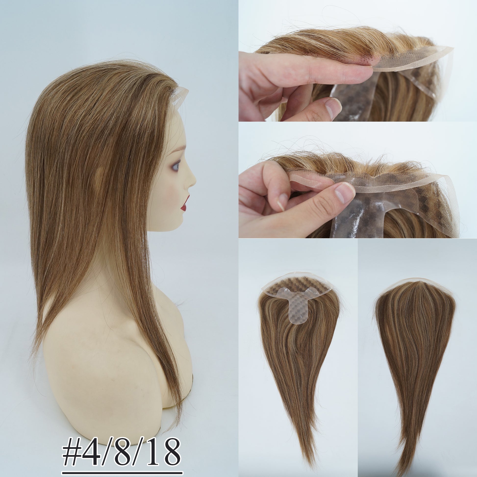 4.75x2 inch PU Base with 2x8 inch Swiss Lace Frontal Mini Size Remy Human Hair Topper Full Hand Tied 150% Density - Brilliantwigs